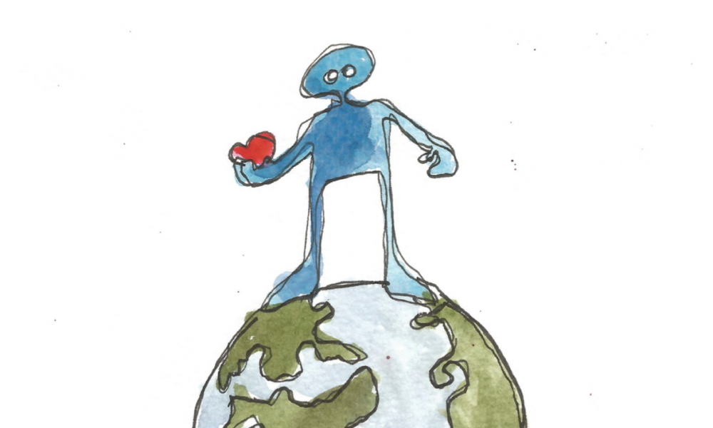 An illustration of a person holding a heart and standing on Earth