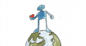 An illustration of a person holding a heart and standing on Earth