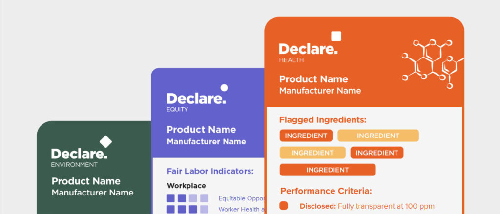 Collage of colorful declare product labels health equity environment each showing placeholder product and manufacturer names with rounded corners and icons in the background