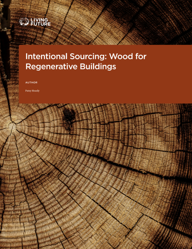 Screenshot 2026 07 20 at 125852 pm | trim tab Book cover with a tree rings background and an orange title banner reading intentional sourcing wood for regenerative buildings by patsy heasly living future logo top left