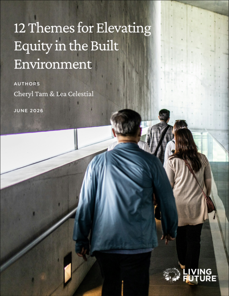 12 themes for elevating equity in the built environment report cover featuring people walking on a concrete catwalk away from the camera