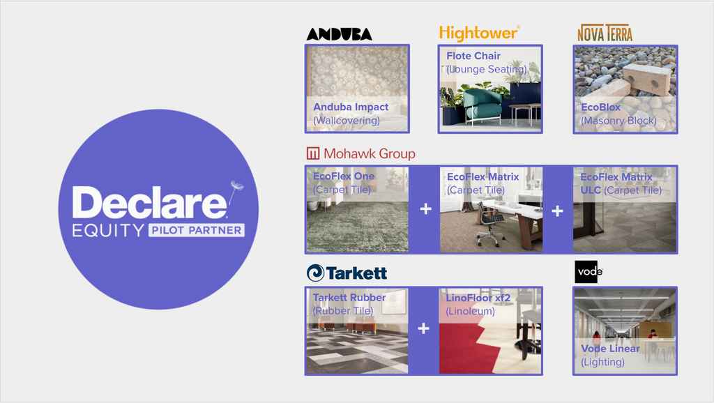 Dep | trim tab Declare equity pilot partner logo white text on a purple circle Square tiles with each pilot partner and their participating products Anduba anduba impact hightower flote chair novaterra ecoblox mohawk group ecoflex one ecoflex matrix ecoflex matrix ulc tarkett tarkett rubber linofloor xf2 vode vode linear