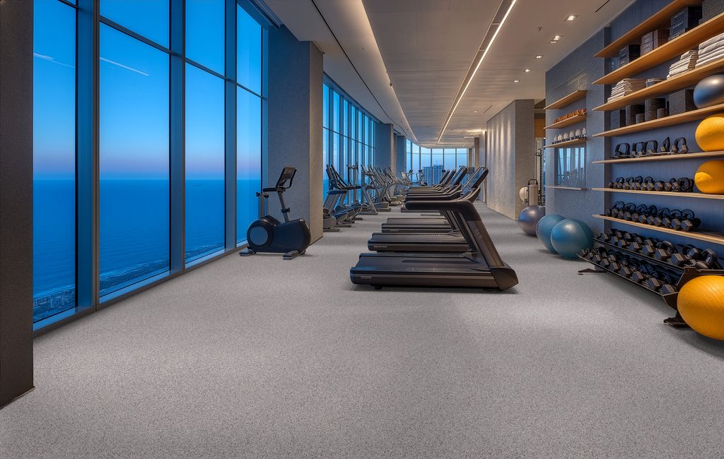 Row of treadmills and cardio machines inside a high rise gym with blue ocean view through floor to ceiling windows right side shelves with weights and balls nearby